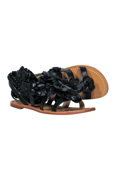 Current Boutique-Tory Burch - Black Leather Strappy "Blossom Gladiator" Sandals w/ Floral Appliques Sz 6