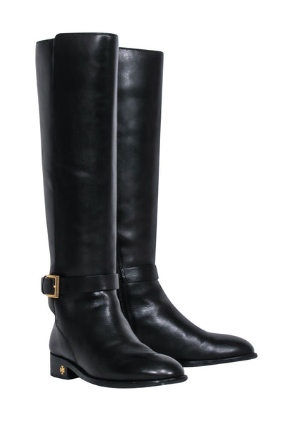 Current Boutique-Tory Burch - Black Leather Tall Riding Boots w/ Gold-Toned Buckle Sz 6