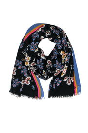 Current Boutique-Tory Burch - Black & Multicolor Floral Print “Hopewell” Wool Scarf