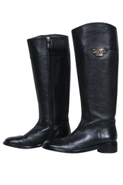 Current Boutique-Tory Burch - Black Pebbled Leather Block Heel Riding Boots w/ Gold Logo Sz 8