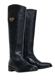 Current Boutique-Tory Burch - Black Pebbled Leather Block Heel Riding Boots w/ Gold Logo Sz 8