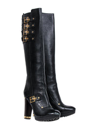 Current Boutique-Tory Burch - Black Pebbled Leather Knee High Boots w/ Gold Buckles Sz 8.5