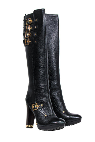 Current Boutique-Tory Burch - Black Pebbled Leather Knee High Boots w/ Gold Buckles Sz 8.5