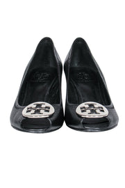 Current Boutique-Tory Burch - Black Pebbled Leather Peep Toe Wedges Sz 8