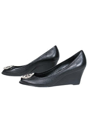Current Boutique-Tory Burch - Black Pebbled Leather Peep Toe Wedges Sz 8