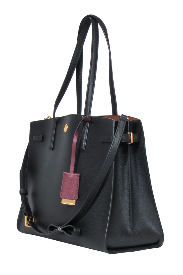Current Boutique-Tory Burch - Black Pebbled Leather Structured Convertible "Walker" Satchel