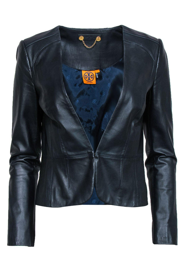 Current Boutique-Tory Burch - Black Smooth Leather Plunge Jacket Sz 2