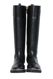 Current Boutique-Tory Burch - Black Smooth & Pebbled Leather Riding Boots w/ Embossed Logo Sz 7