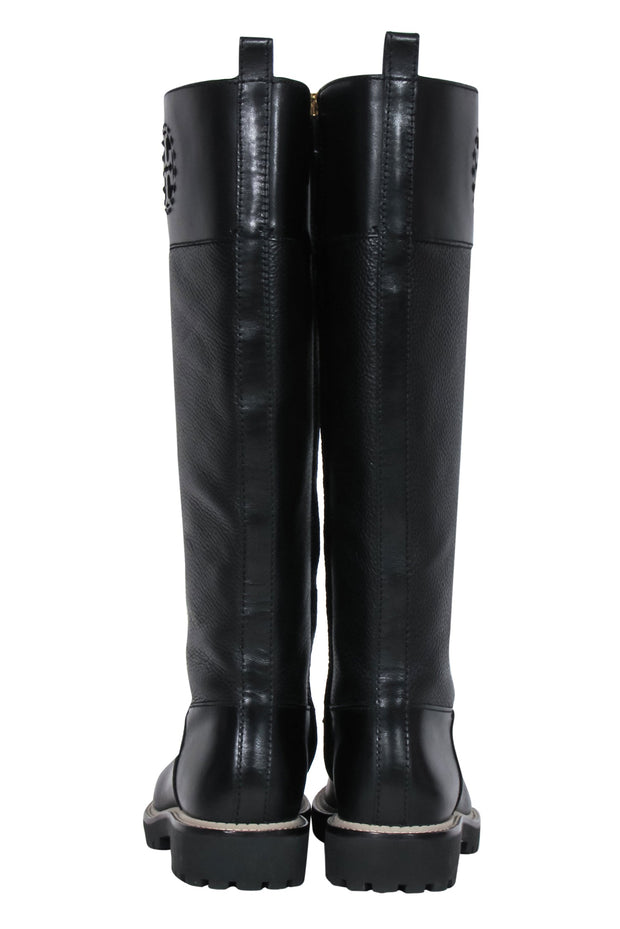 Current Boutique-Tory Burch - Black Smooth & Pebbled Leather Riding Boots w/ Embossed Logo Sz 7