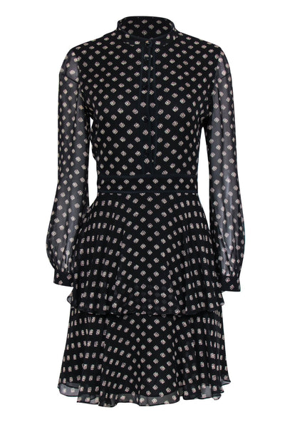 Current Boutique-Tory Burch - Black & Tan Fish Printed Ruffled Skirt Dress w/ Sheer Sleeves Sz 8