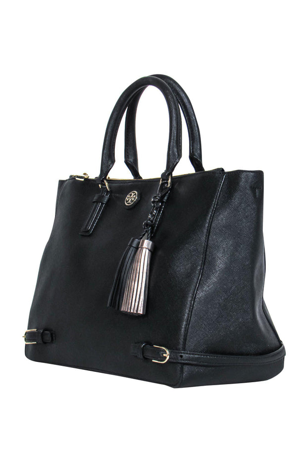 Current Boutique-Tory Burch - Black Textured Leather Carryall w/ Tassels