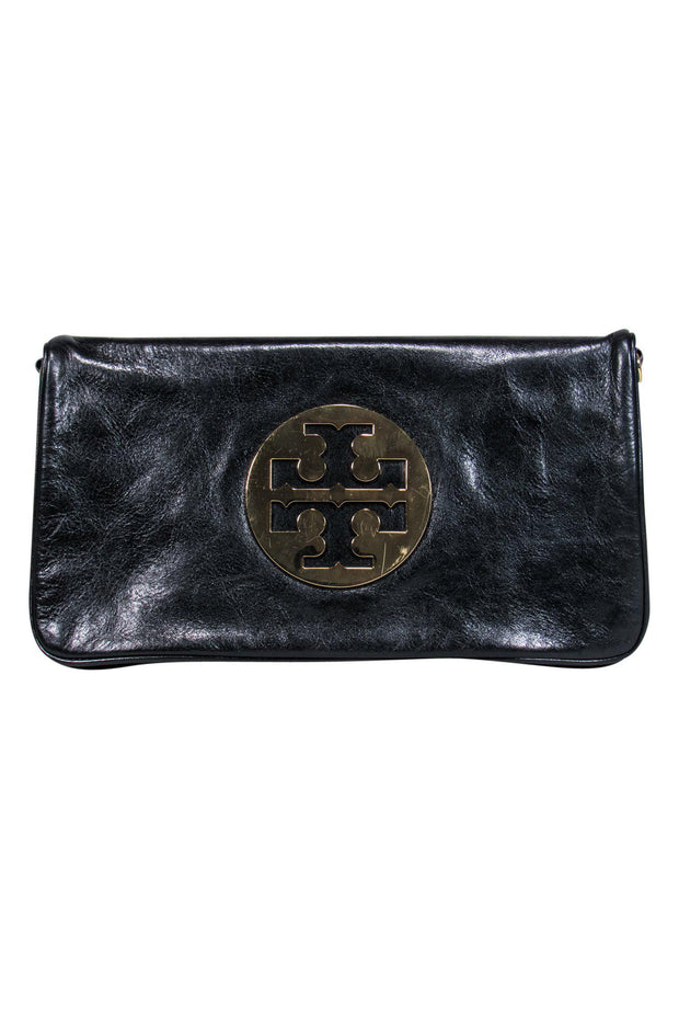 Current Boutique-Tory Burch - Black Textured Leather Oversized Clutch