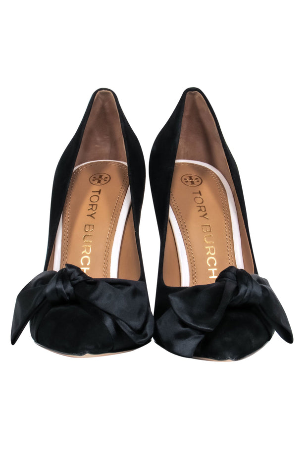 Current Boutique-Tory Burch – Black & White Suede Pointy Toe Pumps w/ Bow Sz 8