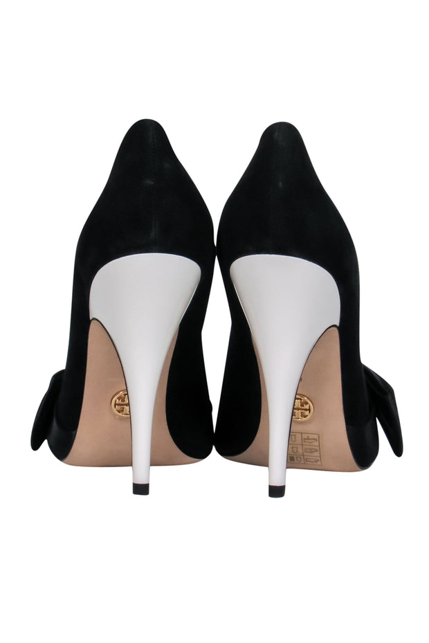 Current Boutique-Tory Burch – Black & White Suede Pointy Toe Pumps w/ Bow Sz 8