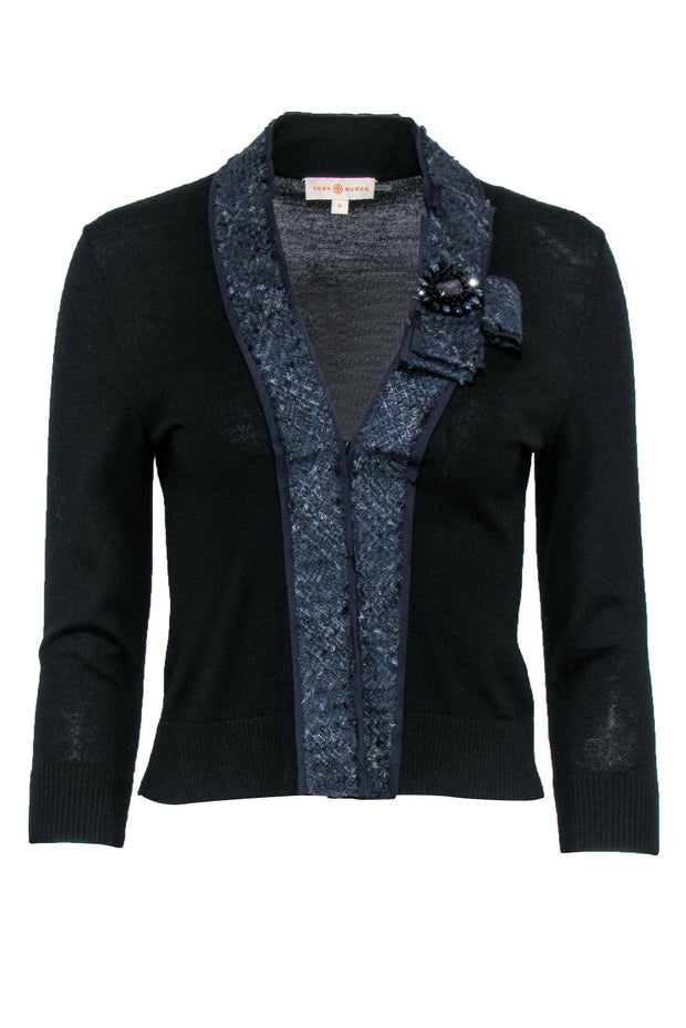 Current Boutique-Tory Burch - Black Wool Cardigan w/ Tweed Trim & Brooch Sz S