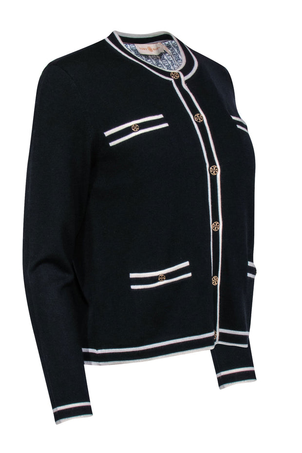 Current Boutique-Tory Burch - Black w/ White Trimmed Merino Wool Long Sleeve Cardigan w/ Gold-Toned Logo Buttons Sz M