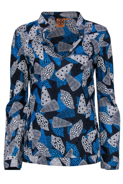Current Boutique-Tory Burch - Blue Cotton Seashell Print Sequined Top Sz 4