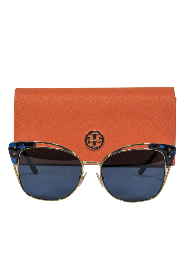 Current Boutique-Tory Burch - Blue & Gold Marbled Wayfarer-Style Sunglasses