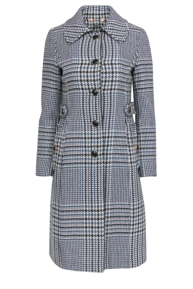 Current Boutique-Tory Burch - Blue, Green & Cream Houndstooth Longline Wool Blend Coat Sz 2