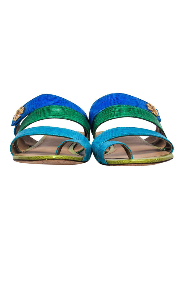 Current Boutique-Tory Burch - Blue & Green Reptile Embossed Strappy Slide Sandals Sz 9
