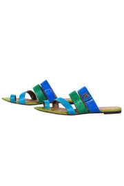Current Boutique-Tory Burch - Blue & Green Reptile Embossed Strappy Slide Sandals Sz 9