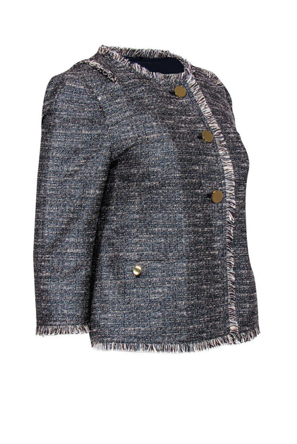 Tory Burch - Blue & Grey Metallic Tweed Jacket w/ Fringe Sz 8