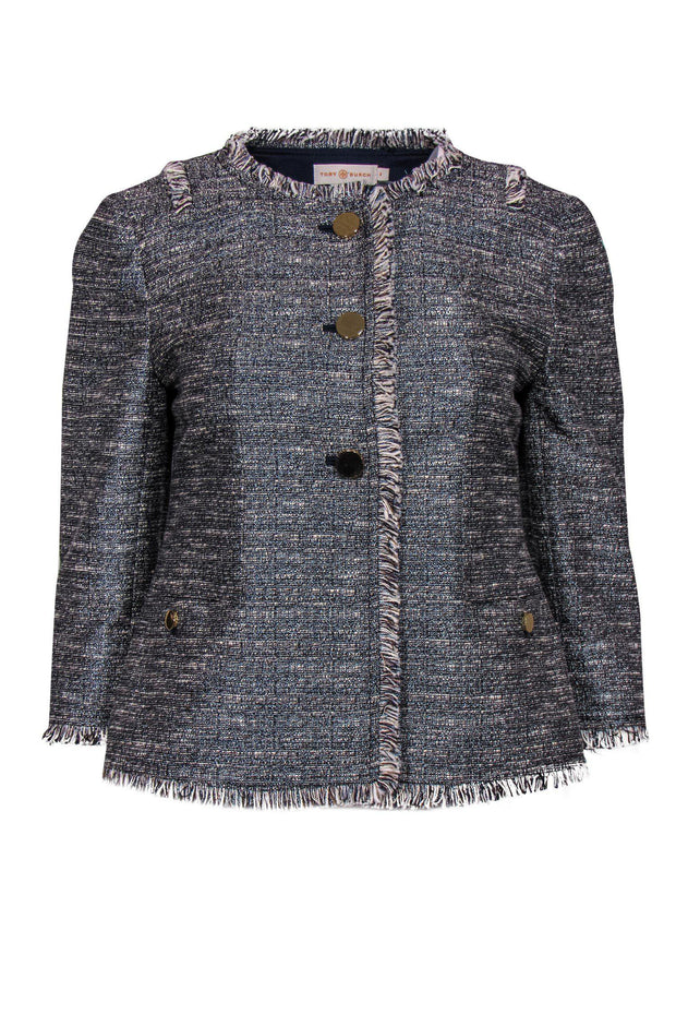 Current Boutique-Tory Burch - Blue & Grey Metallic Tweed Jacket w/ Fringe Sz 8
