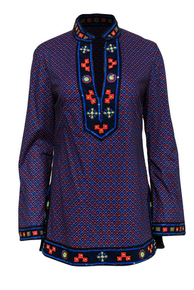 Current Boutique-Tory Burch - Blue & Orange Printed Long Sleeve Tunic w/ Beaded Trim Sz 8