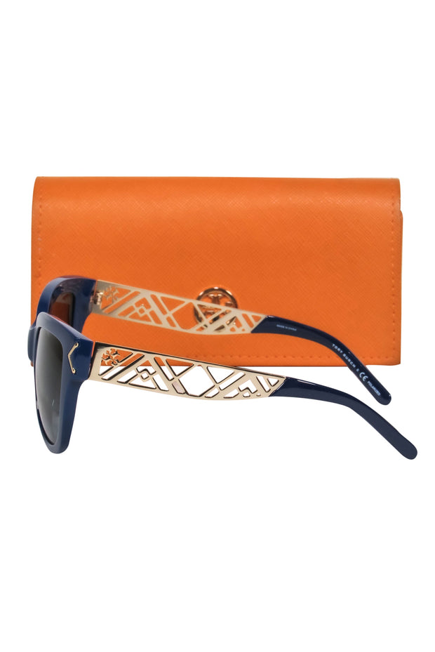 Current Boutique-Tory Burch - Blue Oversized Sunglasses w/ Golden Geometric Accents