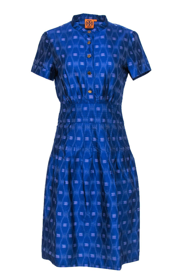 Current Boutique-Tory Burch - Blue Patterned Button-Front A-Line Dress Sz 4
