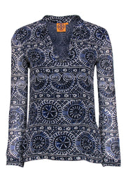 Current Boutique-Tory Burch - Blue Printed Silk Blouse w/ Sequins Sz 0