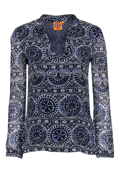 Current Boutique-Tory Burch - Blue Printed Silk Blouse w/ Sequins Sz 0