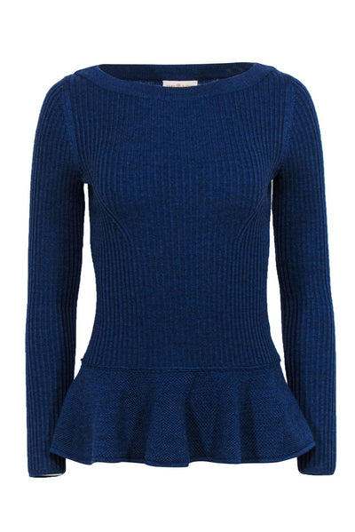 Current Boutique-Tory Burch - Blue Ribbed Knit Wool Sweater w/ Peplum Hem Sz S