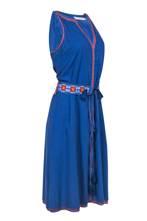 Current Boutique-Tory Burch - Blue Sleeveless Belted Midi Dress w/ Embroidered Trim Sz 10