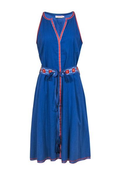 Current Boutique-Tory Burch - Blue Sleeveless Belted Midi Dress w/ Embroidered Trim Sz 10