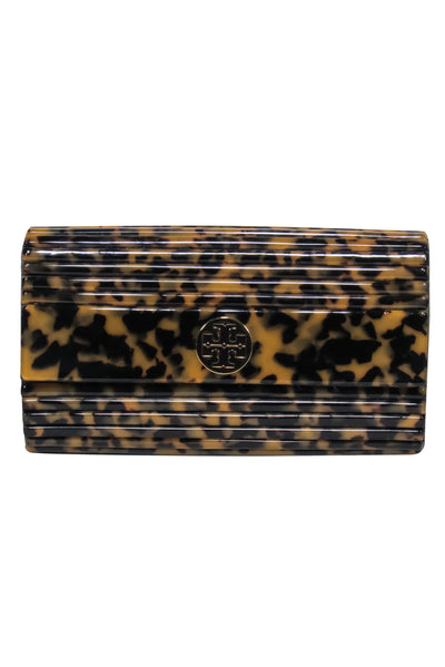 Current Boutique-Tory Burch - Brown & Black Leopard Print Textured Acrylic Fold-Over Clutch w/ Logo