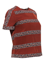 Current Boutique-Tory Burch - Brown & Floral Printed Striped Silk Tee Sz 2
