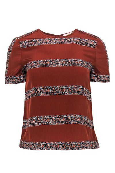 Current Boutique-Tory Burch - Brown & Floral Printed Striped Silk Tee Sz 2