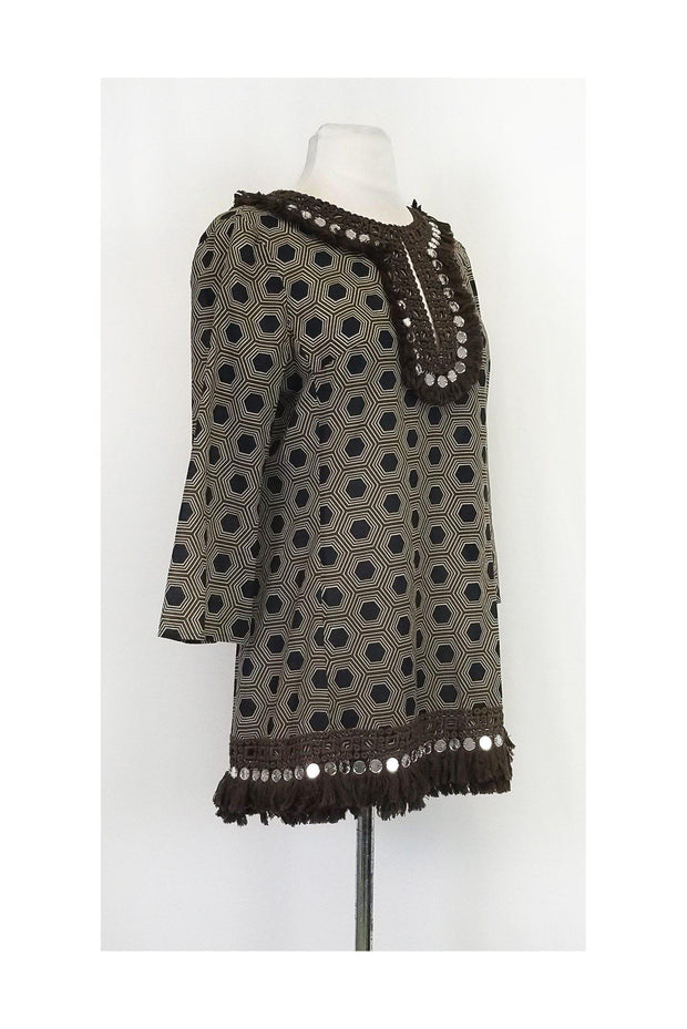 Current Boutique-Tory Burch - Brown & Navy Blue Fringe Tunic Sz 6