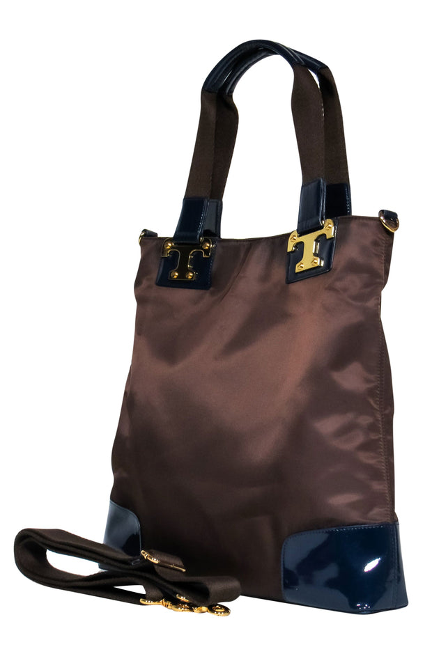 Current Boutique-Tory Burch - Brown Nylon Convertible Tote w/ Navy Patent Leather Trim