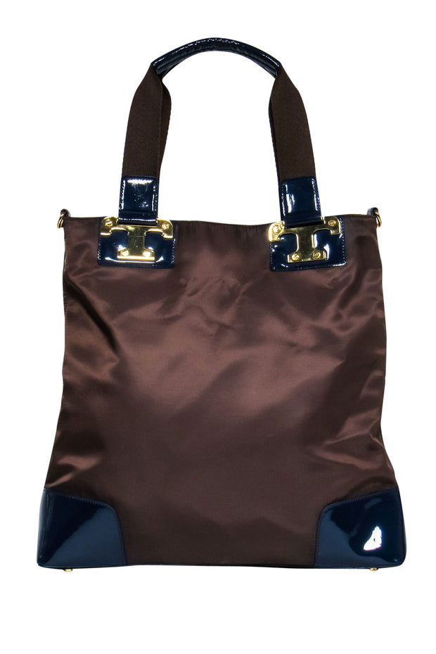 Current Boutique-Tory Burch - Brown Nylon Convertible Tote w/ Navy Patent Leather Trim