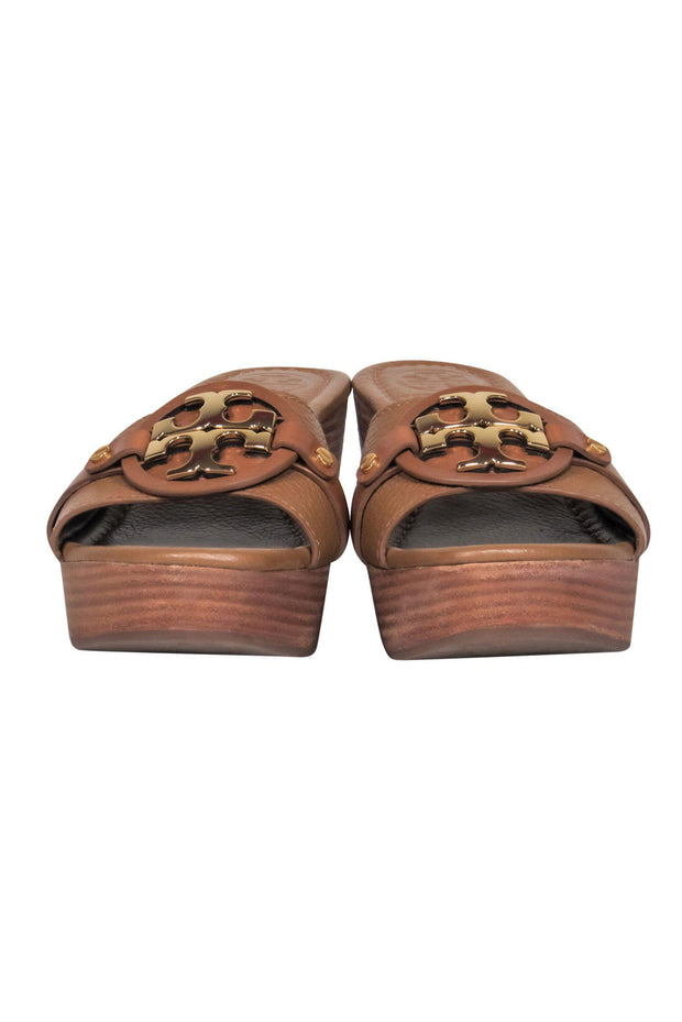 Current Boutique-Tory Burch - Brown Pebbled Leather Open Toe Wooden "Patti" Wedges w/ Logo Sz 7