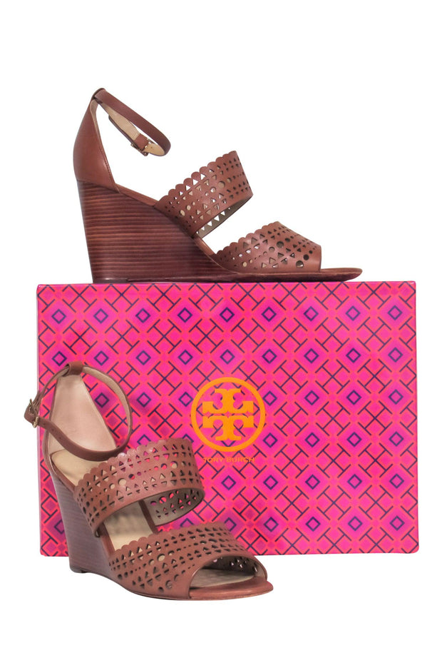Current Boutique-Tory Burch - Brown Perforated "Nutria" Ankle Wrap Wedge Sandal Sz 9