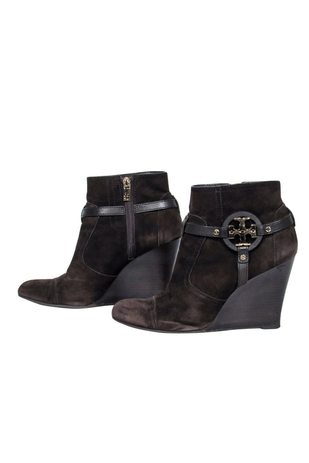 Current Boutique-Tory Burch - Brown Suede "Aaden" Wedge Ankle Booties w/ Logo Sz 9