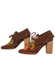 Current Boutique-Tory Burch - Brown Suede Floral Embroidered & Beaded Moccasin-Style Pumps Sz 6