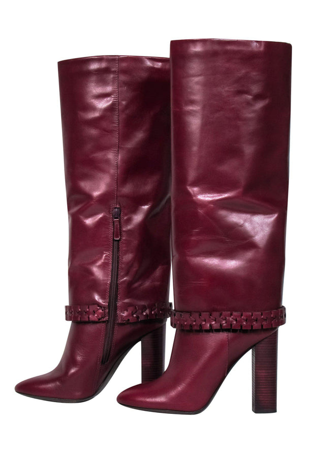 Current Boutique-Tory Burch - Burgundy Leather Heeled Knee High Boots w/ Braided Trim Sz 9