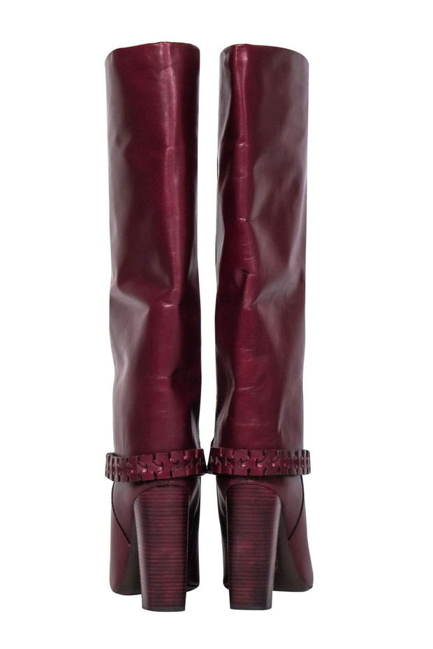 Current Boutique-Tory Burch - Burgundy Leather Heeled Knee High Boots w/ Braided Trim Sz 9