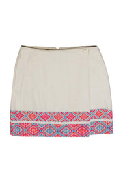 Current Boutique-Tory Burch - Cream Linen Wrap Skirt w/ Aztec Print Embroidered Trim Sz 4