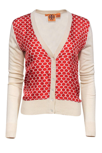 Current Boutique-Tory Burch - Cream & Red Printed Cardigan w/ Silk Front Sz S