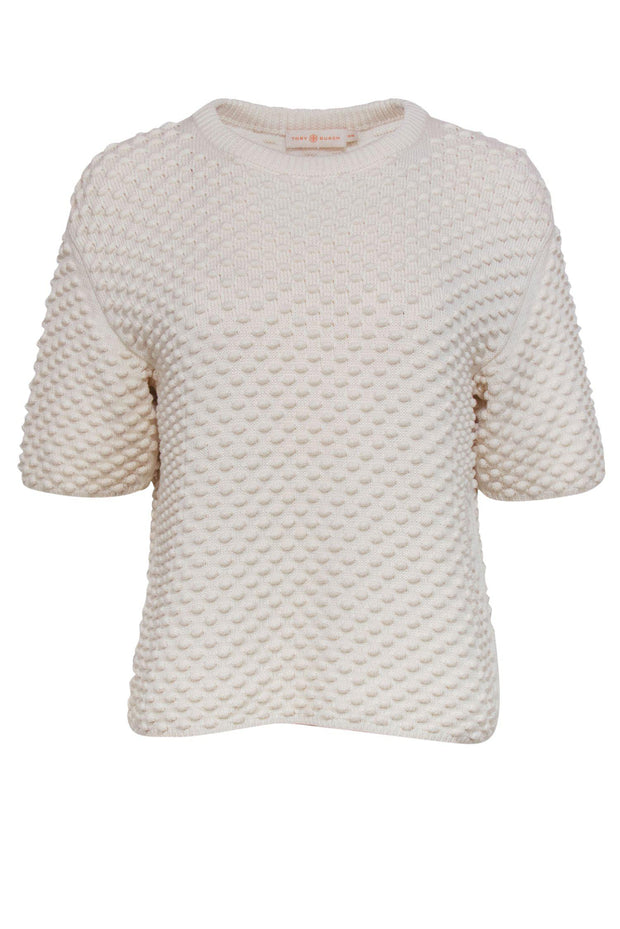 Current Boutique-Tory Burch - Cream Textured Short Sleeve Knit Sweater Sz M